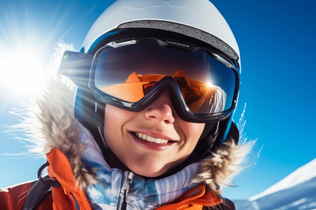 eine lächelnde Skifahrerin schaut mit einer Ski-Ausrüstung auf ihr Gesicht in eine Kamera