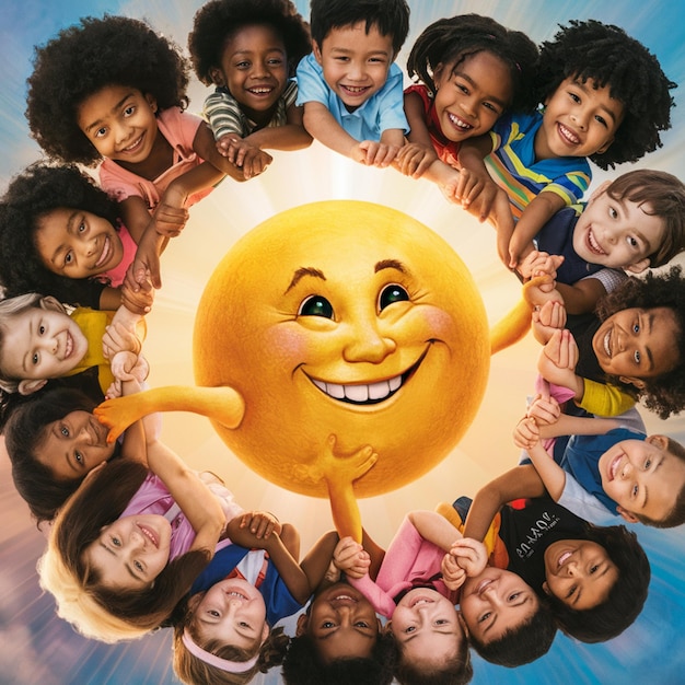 Foto eine lächelnde sonne hält kinder verschiedener rassen an der hand und symbolisiert einheit und vielfalt