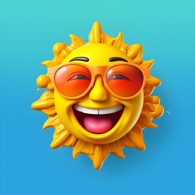 Eine lächelnde Sonne mit orangefarbener Brille und blauem Hintergrund