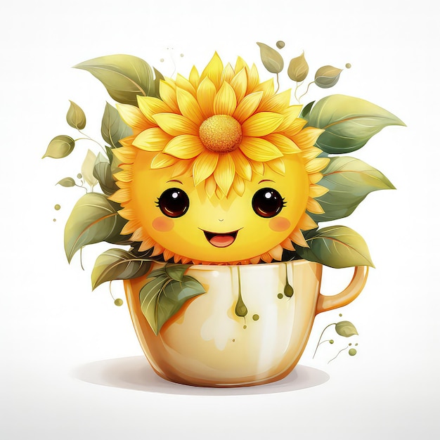 Eine lächelnde Sonnenblumen-Teetasse, niedliche Aquarell-Clipart