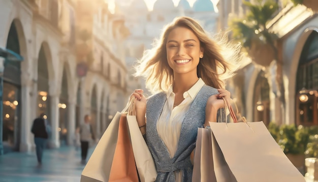 Eine lächelnde, stilvolle blonde Frau, die Papier-Shopping-Taschen hält und auf einer sonnigen Sommerstraße spazieren geht