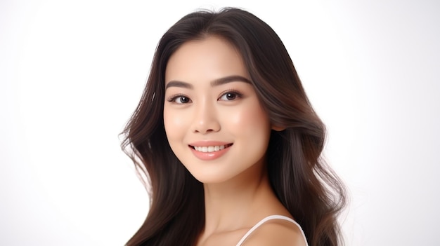 Eine lächelnde südostasiatische Frau mit makellos glänzender Haut mit isolierter Kopierfläche auf dem weißen Rücken