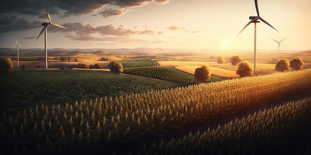Eine ländliche Landschaft mit einem Sonnenuntergang und einem Maisfeld.