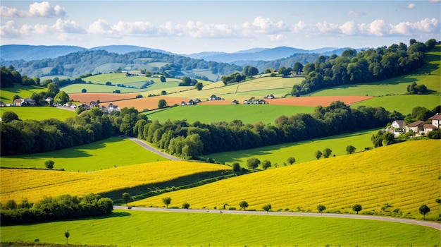 Eine ländliche Landschaft mit Feldern und Bergen im Hintergrund