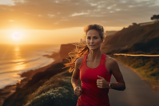 Eine Läuferin läuft einen Abendlauf mit einem wunderschönen Sonnenuntergang am Meer