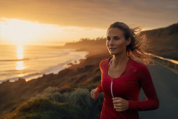 Eine Läuferin läuft einen Abendlauf mit einem wunderschönen Sonnenuntergang am Meer