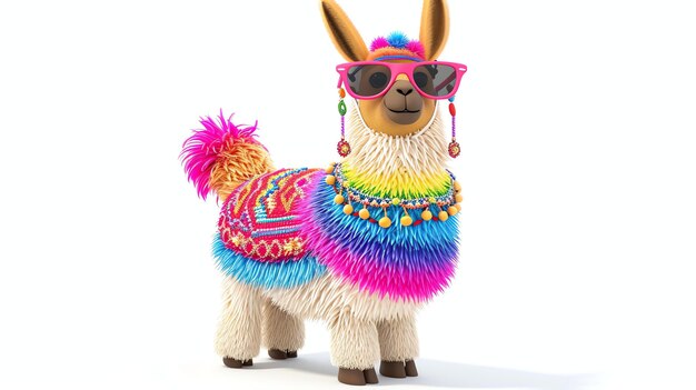 Foto eine lama in bunter kleidung und sonnenbrille steht auf einem weißen hintergrund und schaut in die kamera