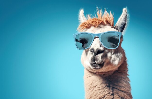 eine Lama trägt eine Sonnenbrille auf einem blauen Hintergrund