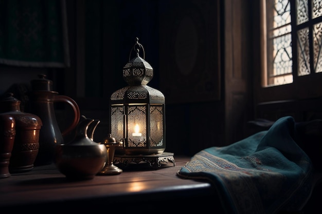 Eine Lampe auf einem Tisch mit einer Teekanne und einer Teekanne darauf.