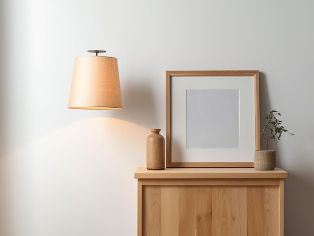 Foto eine lampe auf einer kommode neben dem bild einer pflanze.