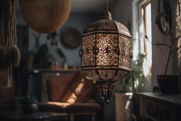 Eine Lampe, die in einem Wohnzimmer an der Decke hängt, mit einer Pflanze im Hintergrund.