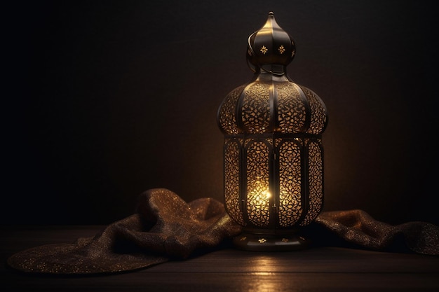 Eine Lampe mit arabischer Schrift darauf leuchtet im Dunkeln der generativen ai