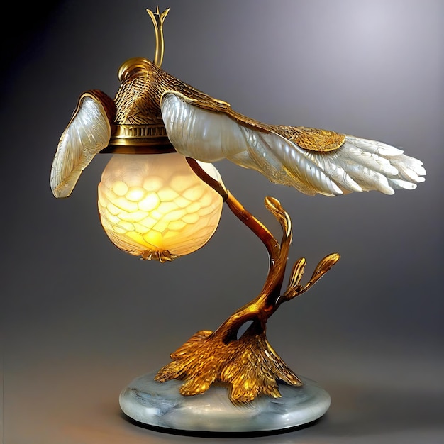 Eine Lampe mit einem goldenen und weißen Vogel darauf