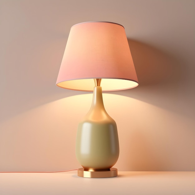 eine Lampe mit einem rosa Schatten, die auf einem Tisch steht