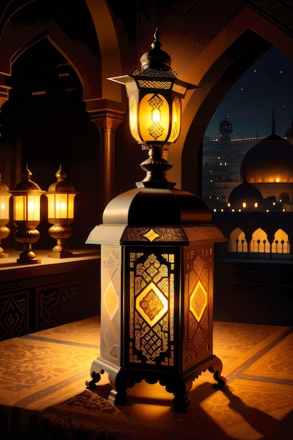 Eine Lampe vor einer Moschee mit eingeschalteten Lichtern.