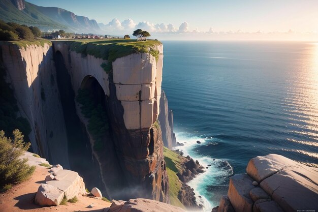 Eine Landschaft aus einer Klippe mit einer Klippe im Hintergrund und einem Sonnenuntergang im Hintergrund.