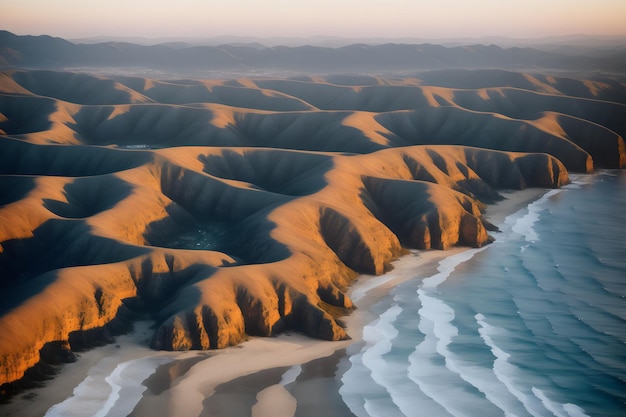 Eine Landschaft aus Sanddünen mit untergehender Sonne