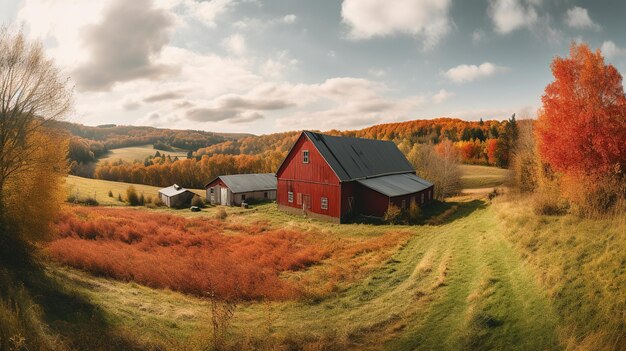 Foto eine landschaft eines ländlichen bauernhofs mit einer großen roten scheune, umgeben von herbstfarben