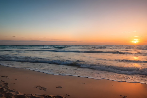 Eine Landschaft eines ruhigen Strandes bei Sonnenuntergang mit goldenem Sand, sanften Wellen und einem pastellfarbenen Himmel