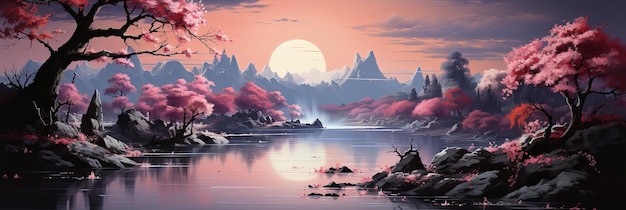 Eine Landschaft eines sanften Sonnenuntergangs durch die Zweige einer Kirschblüte neben dem Fluss, die eine traumhafte und übernatürliche Atmosphäre in der Schönheit der Natur vermittelt.