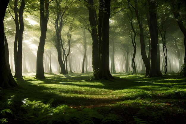 Eine Landschaft eines verzauberten Waldes, in dem Bäume lebendig werden und ein sanftes, ätherisches Leuchten ausstrahlen