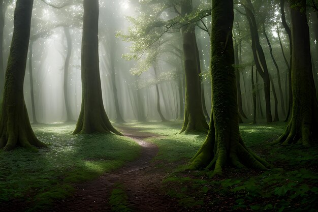 Eine Landschaft eines verzauberten Waldes, in der Bäume lebendig werden und ein sanftes ätherisches Leuchten ausstrahlen