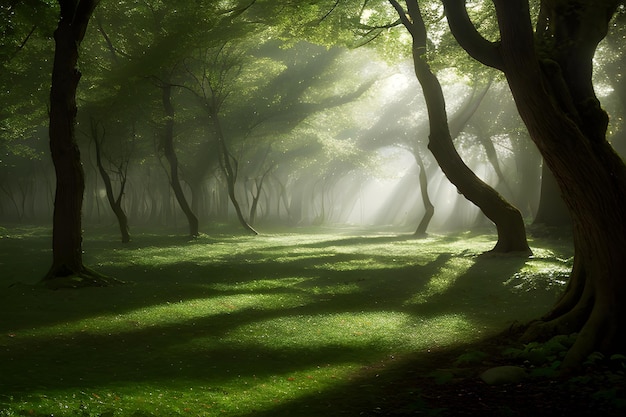 Eine Landschaft eines verzauberten Waldes, in der Bäume lebendig werden und ein sanftes ätherisches Leuchten ausstrahlen