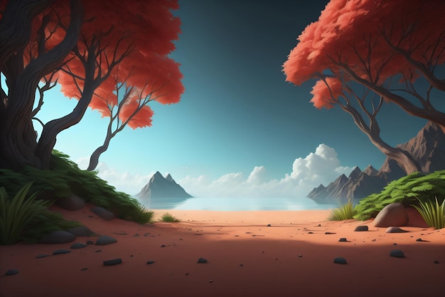 Eine Landschaft mit Bäumen und Bergen am Horizont mit generativer KI
