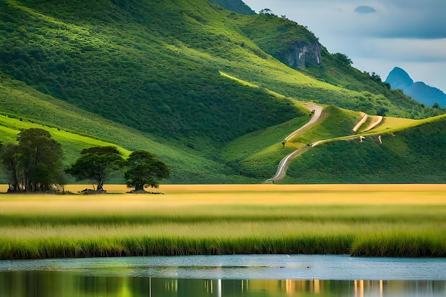 Eine Landschaft mit Bäumen und Hügeln