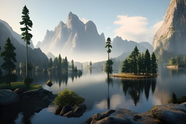 Eine Landschaft mit Bergen und Bäumen im Hintergrund