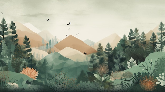 Eine Landschaft mit Bergen und Bäumen und einem Vogel auf der Spitze.