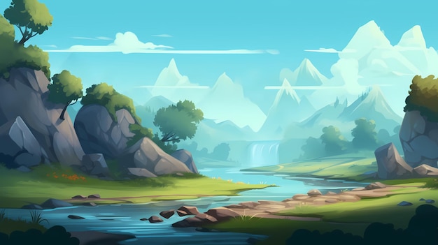 Eine Landschaft mit Bergen und einem Fluss mit einem Fluss und einem Berg im Hintergrund.