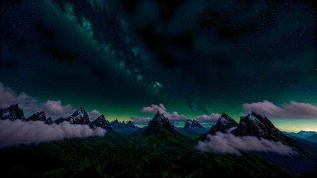 Eine Landschaft mit Bergen und einem grünen Himmel mit dem Wort Nacht darauf