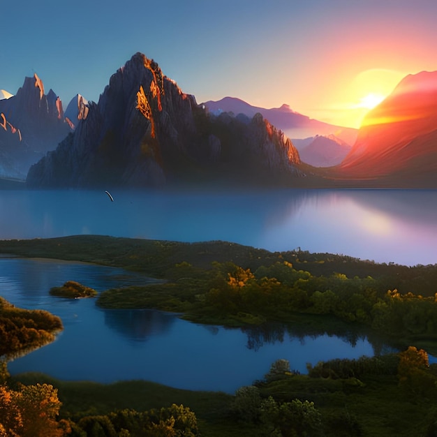 Eine Landschaft mit Bergen und einem See mit einem Sonnenuntergang im Hintergrund.