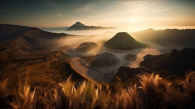 Eine Landschaft mit Bergen und einem Sonnenuntergang im Hintergrund.