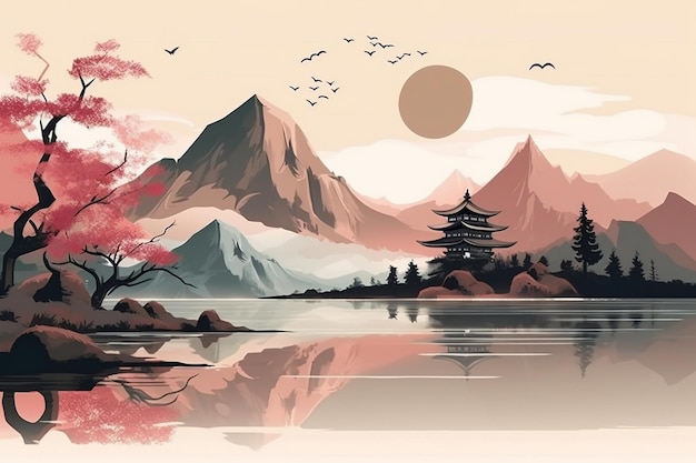 Eine Landschaft mit Bergen und einer japanischen Pagode