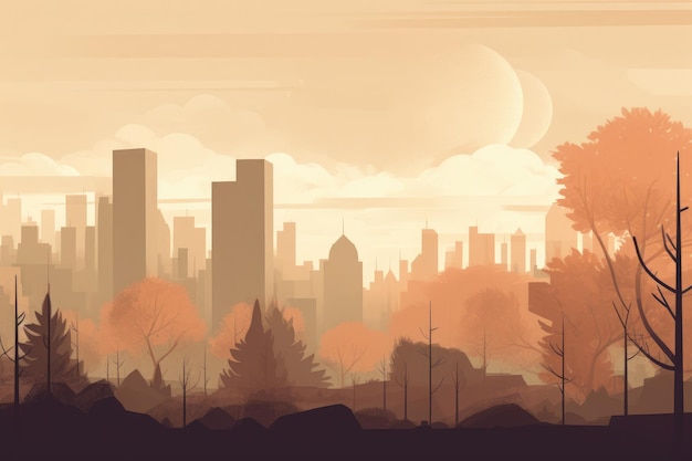 Eine Landschaft mit dahinterliegender Stadtsilhouette bestehend aus einem Park und Bäumen in minimalistischer Darstellung