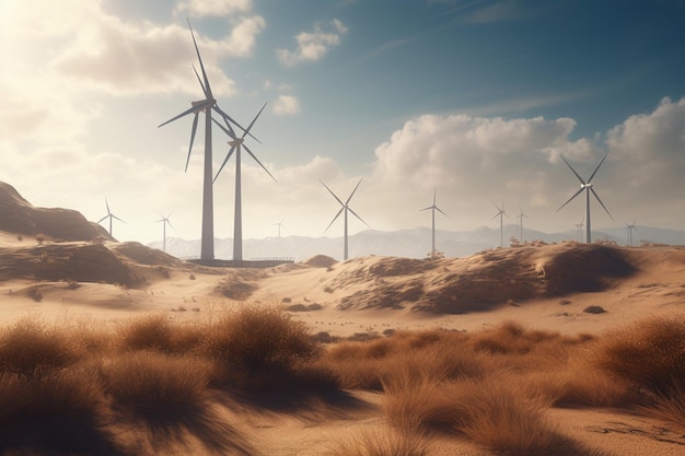 Eine Landschaft mit ein paar Windmühlen in der Wüste.