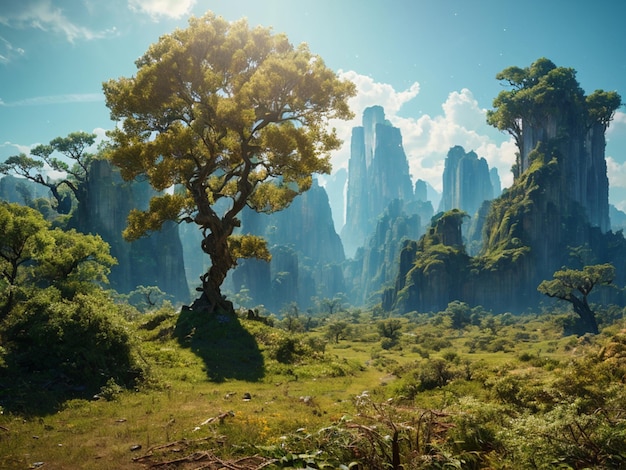 Eine Landschaft mit einem Baum im Vordergrund und Bergen im Hintergrund.