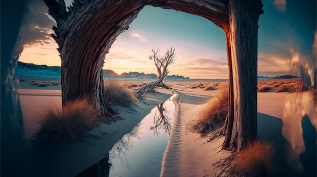 eine Landschaft mit einem Baum in der Mitte