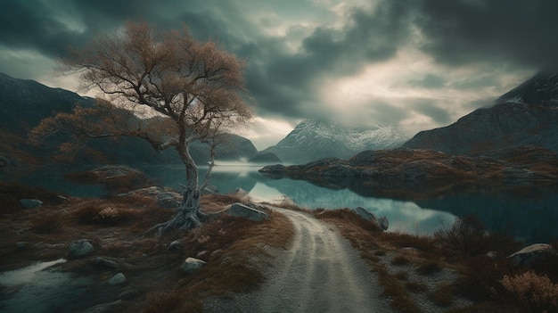 Eine Landschaft mit einem Baum links und einem Berg im Hintergrund.