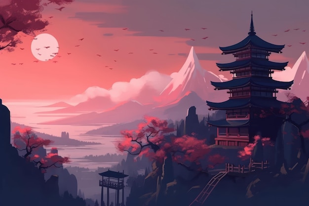 Eine Landschaft mit einem Berg und einem Tempel und einem Berg mit rotem Himmel.