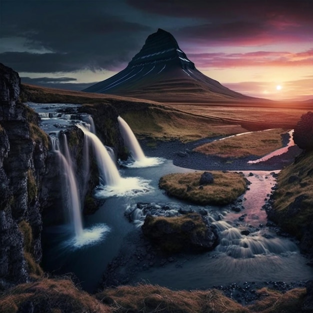 Eine Landschaft mit einem Berg und einem Wasserfall