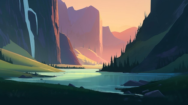 Eine Landschaft mit einem Fluss und Bergen im Hintergrund.