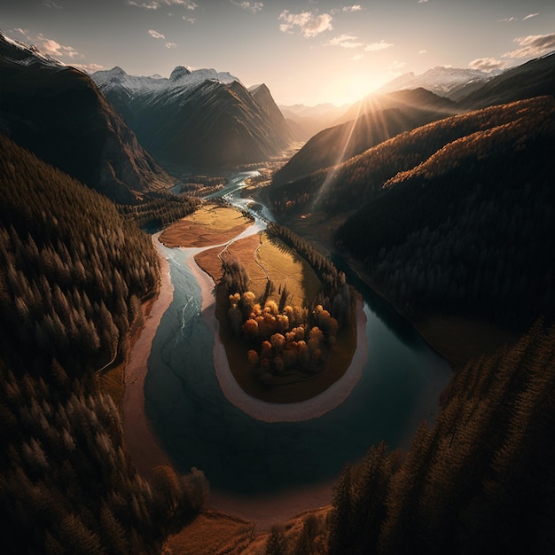 Eine Landschaft mit einem Fluss und Bergen im Hintergrund
