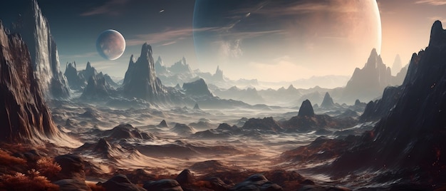 Foto eine landschaft mit einem planeten im hintergrund