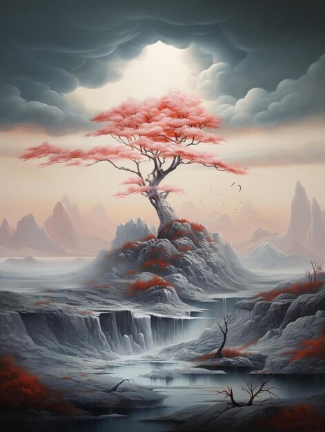 Eine Landschaft mit einem roten Baum darauf