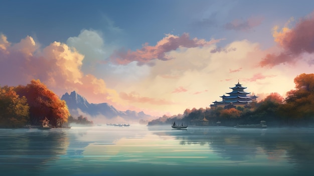 Eine Landschaft mit einem Schloss auf dem Wasser und einem bewölkten Himmel