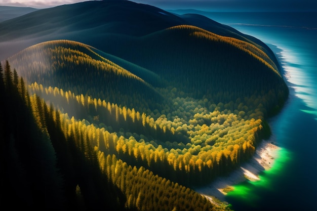 Eine Landschaft mit einem See und Bäumen auf der linken Seite.