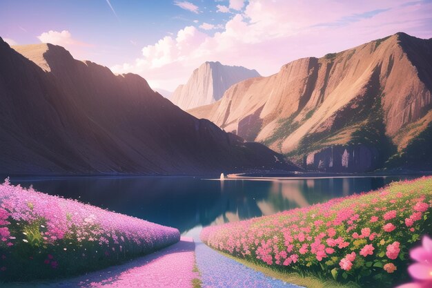 Eine Landschaft mit einem See und einem Weg, auf dem Blumen wachsen